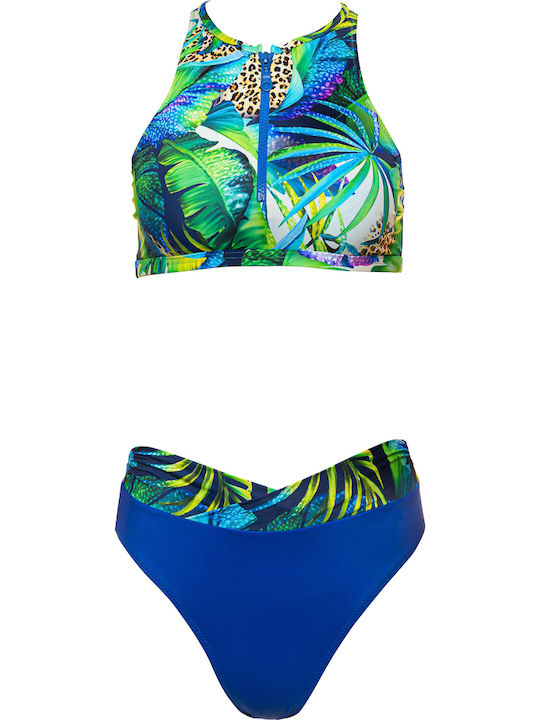 Sport Bikini Set Sports Bra High Waist Floral Blue