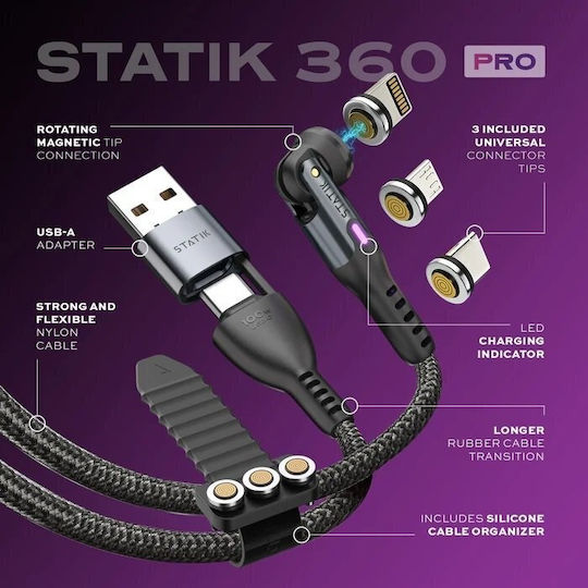 Statik Magnetic Cablu USB la Type-C / micro USB / Lightning cu mai multe porturi Negru 1m (PUP-0520-3FT)