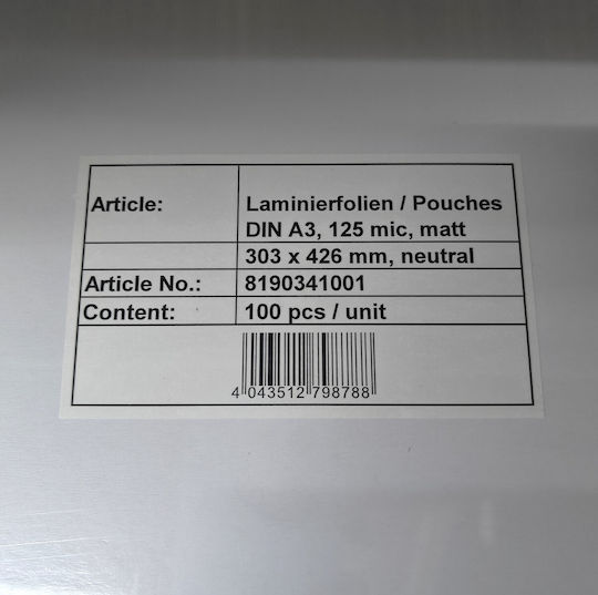 Monolith Ζελατίνες Πλαστικοποίησης A3 125 Mikrometer 8190341001-10 10Stück