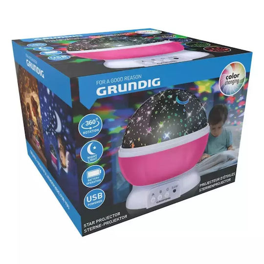 Grundig Περιστρεφόμενο Παιδικό Φωτιστικό Projector με Προβολή Αστεριών με Εναλλαγές Χρωματισμών Ροζ 12.5x12.5cm