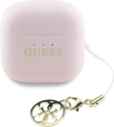 Guess Classic Logo Charm Earbud Bluetooth Handsfree Ακουστικά με Θήκη Φόρτισης Ροζ