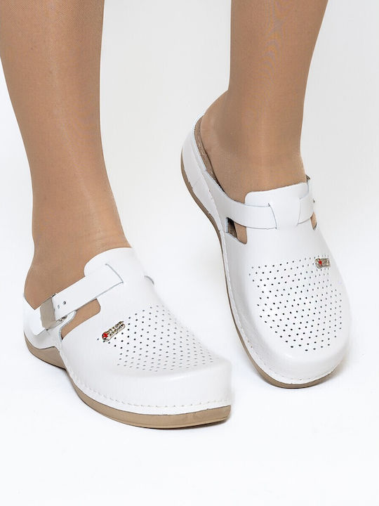 Leon Med 700 Herren Leder Anatomisch Clogs Weiß