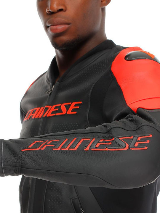 Dainese Racing 5 Perforated Sommer Herren Motorradjacke Leder Black / Black / Red-Fluo