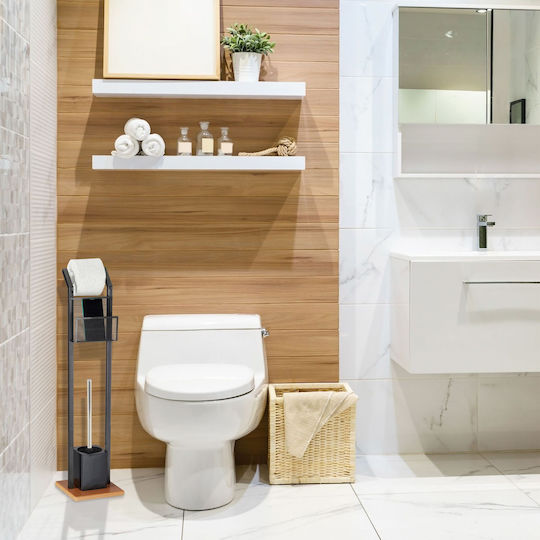 Relaxdays Bambus Set perie de toaletă și coș de gunoi pentru baie Negru