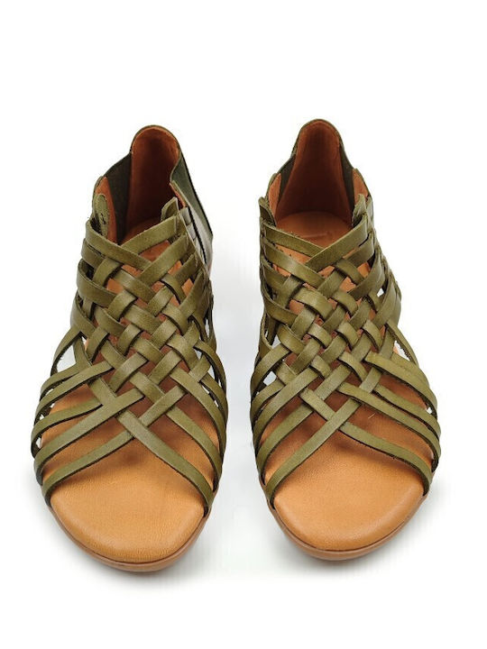 Leather Women's Flat Sandals in Khaki Color