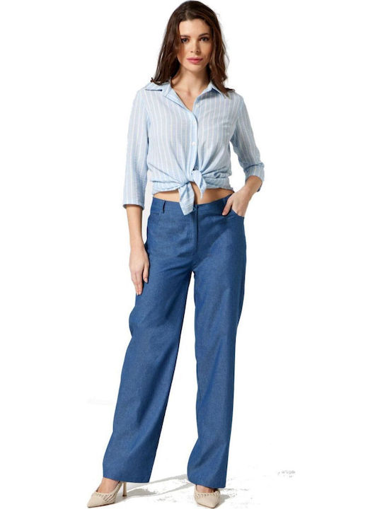 Women's Striped Long Sleeve Shirt Light Blue