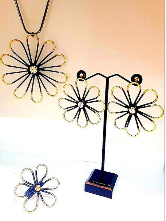 Halskette mit Blumen-Design aus Vergoldetem Stahl Schwarz