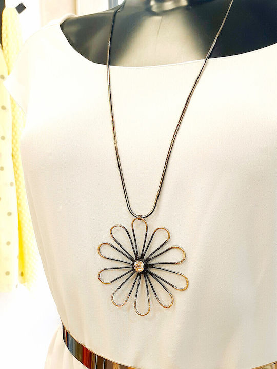 Halskette mit Blumen-Design aus Vergoldetem Stahl Schwarz
