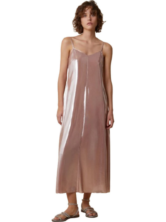 Summer Midi Slip Dress Satin Beige/Pink