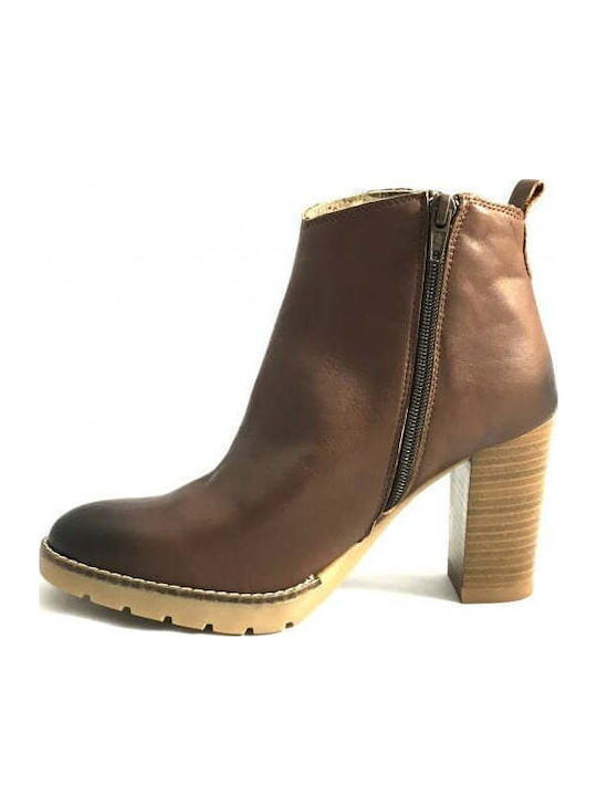 Leather Women's Chelsea Boots with High Heel Brown