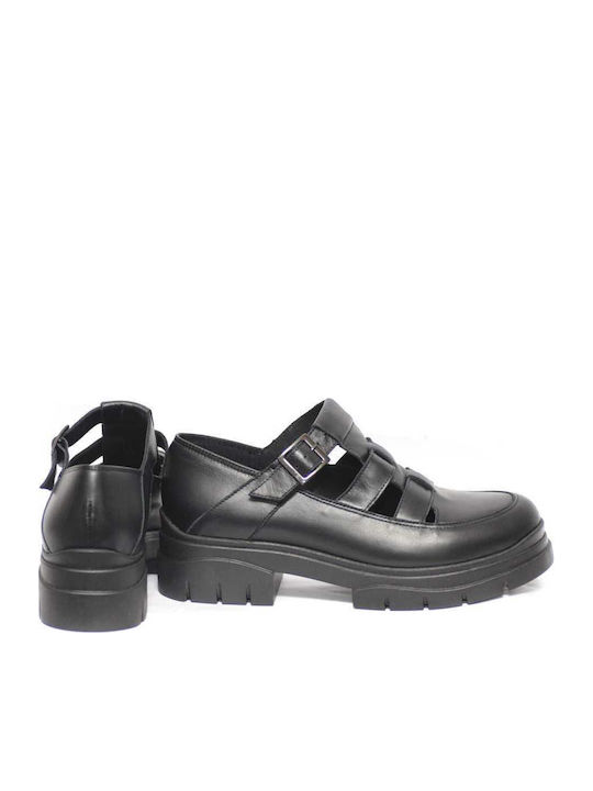 Leder Pumps mit Riemchen & flacher Absatz Schwarz