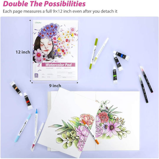 Set 2 Caiete de Schiță Artistice Ohuhu Bloc de Acuarelă 36 Foi 72 Pagini Marker Acuarelă Pix Creion