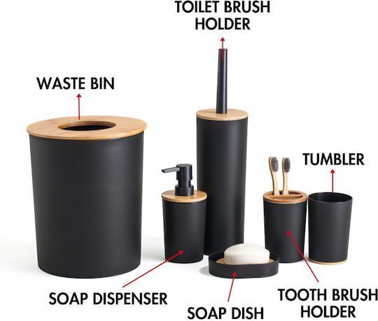 Herzberg Set Accesorii Pentru Baie Din Plastic Negru 6 Bucăți