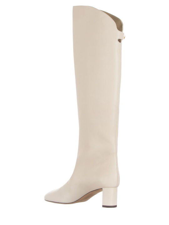 Leather Medium Heel Women's Boots Beige
