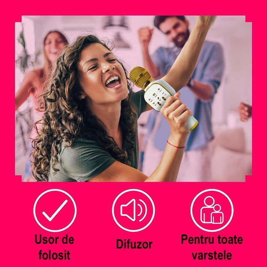 Microfon Karaoke Wireless Siks Portabil Difuzor Încorporat Card Micro SD USB Radio FM Înregistrare Multifuncțional Alb Auriu