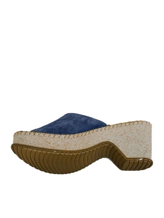 Leather Mules with High Heel in Blue Color