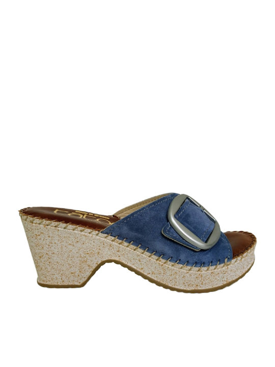 Leather Mules with High Heel in Blue Color