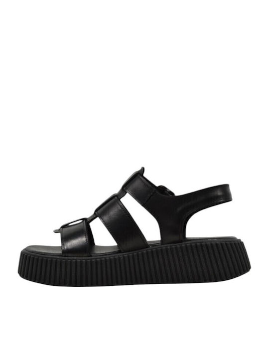Leder Flache Sandalen für Damen in Schwarz Farbe