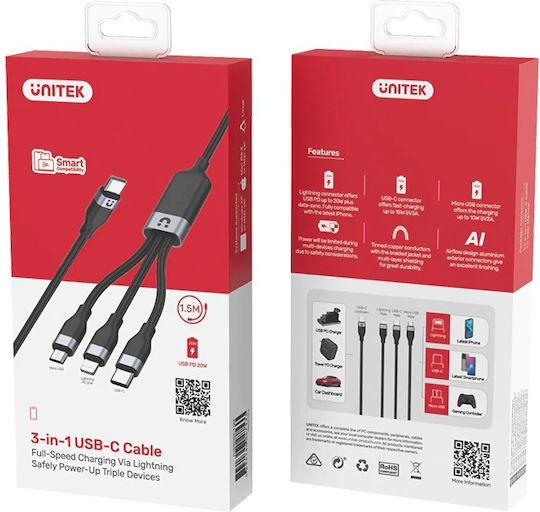 Unitek Braided Cablu USB la Lightning / Type-C / micro USB cu mai multe porturi 5A Negru 1.5m (C14101BK)