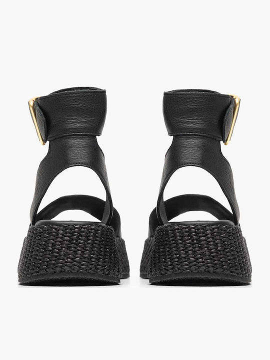 Women's Leather Ankle Strap Platforms Black