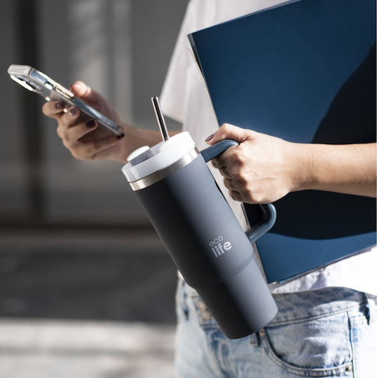 Ecolife Handled Tumbler Recyclable Handled Tumbler Thermos Stainless Steel BPA Free 900ml Stormy Sea with Straw and Handle
