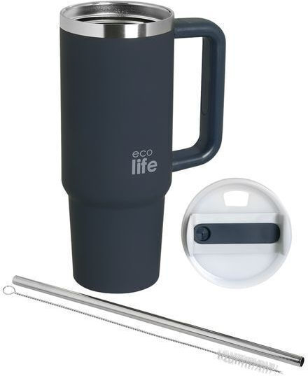 Ecolife Handled Tumbler Recyclable Handled Tumbler Thermos Stainless Steel BPA Free 900ml Stormy Sea with Straw and Handle