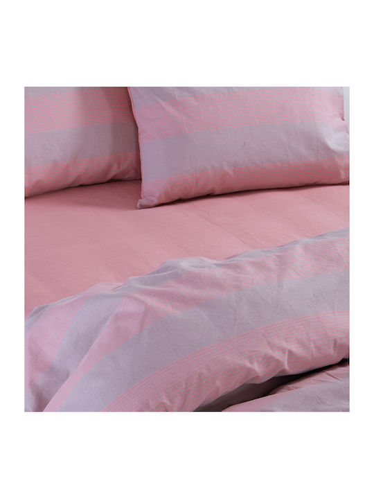 Nef-Nef Homeware Sheet Sets King Size with Elastic 180x200+35cm. Casual Stripe Peaches 4pcs
