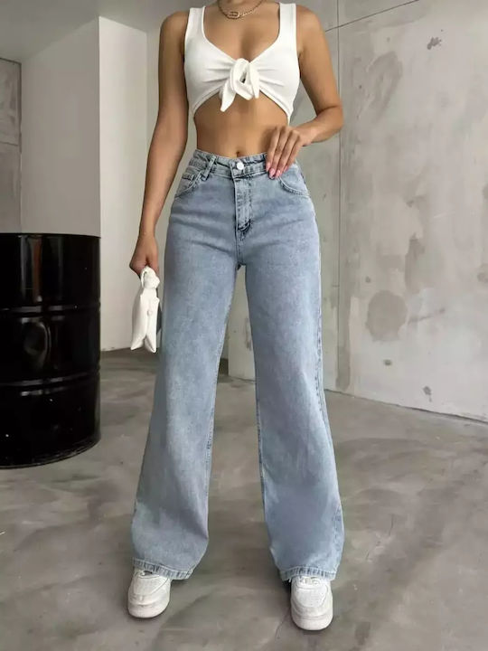High Waist Women's Jean Trousers in Straight Line Light Blue