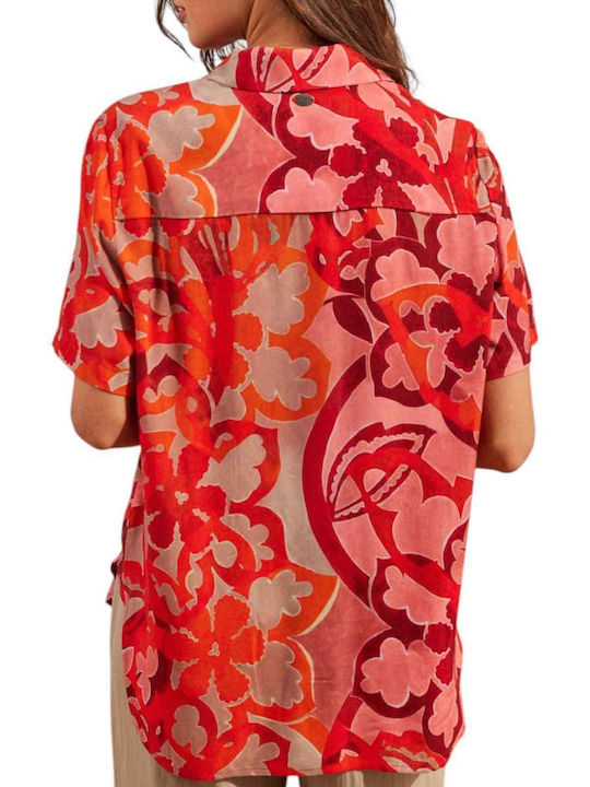 Women's Floral Short Sleeve Shirt Red