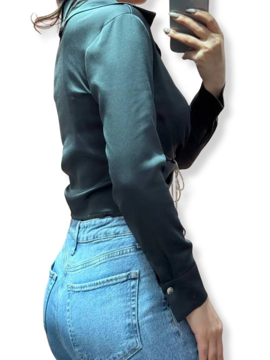 Women's Satin Long Sleeve Shirt Dark Green to Black