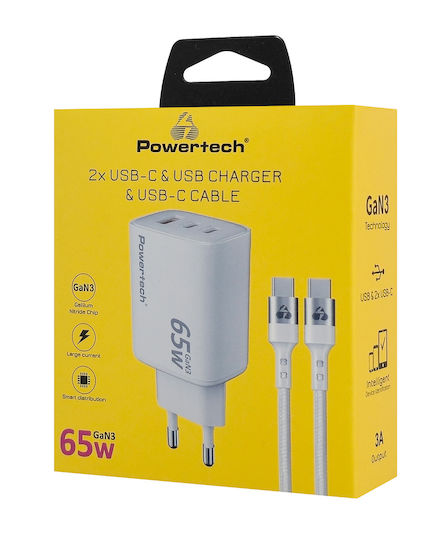 Powertech Ladegerät GaN mit USB-A Anschluss und 2 USB-C Anschlüsse und Kabel USB-C - USB-C 65W Stromlieferung Weißs (PT-1415)