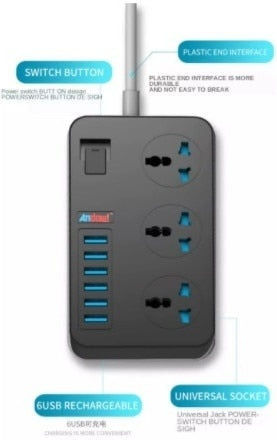 Bandă de alimentare 3 Prize cu 6 USB-A, Comutator și Cablu 1.6m