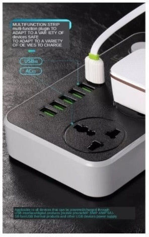 Bandă de alimentare 3 Prize cu 6 USB-A, Comutator și Cablu 1.6m