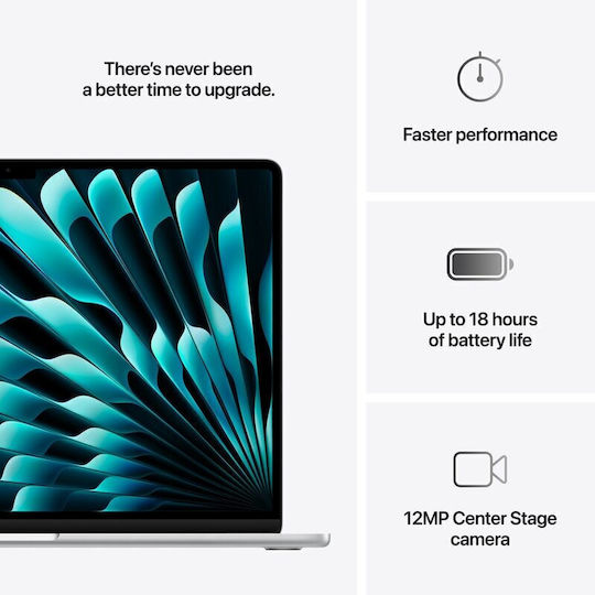Apple MacBook Air 15.3" IPS Panel Retina Display (M4-10-ядрен/16GB/512GB SSD/10-Core GPU) с Apple зарядно устройство 35W Двоен Порт Сребрист Английски (САЩ) клавиатура