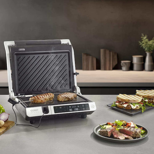 Caso SteakMaster Pro Настолна Електрическа Скара с Гладка и Релефна Плоча 2000W Неръждаема с Капак и Регулируем Термостат 42.5x35см