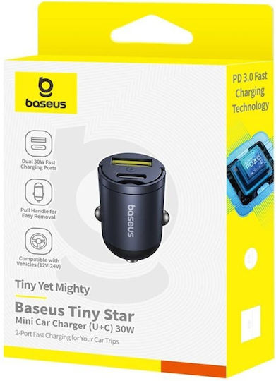 Baseus Tiny Star Mini Φορτιστής Αυτοκινήτου 30W 3.5A με Θύρες: 1xUSB 1xType-C Μαύρο Χρώμα
