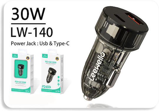 Leewello Auto-Ladegerät 30W mit Anschlüssen: 1xUSB 1xType-C Schwarz Farbe