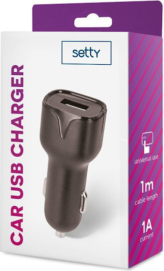 Setty Φορτιστής Αυτοκινήτου 1A με μία Θύρα: 1xUSB Μαύρο Χρώμα