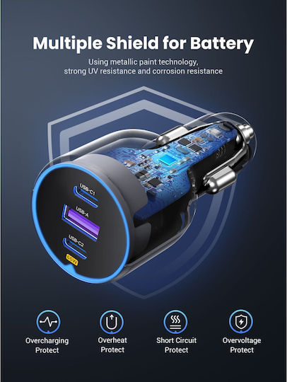 Ugreen Auto-Ladegerät 75W 3.25A mit Anschlüssen: 1xUSB 2xType-C Schwarz Farbe