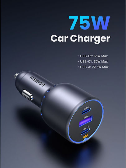Ugreen Auto-Ladegerät 75W 3.25A mit Anschlüssen: 1xUSB 2xType-C Schwarz Farbe