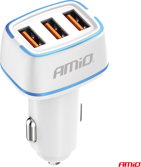 AMiO Φορτιστής Αυτοκινήτου 30W Γρήγορης Φόρτισης με Θύρες: 3xUSB Λευκός