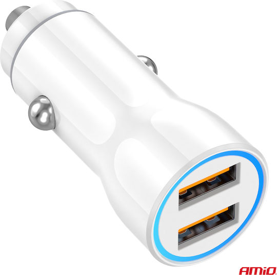 AMiO Φορτιστής Αυτοκινήτου 10.5W με Θύρες: 2xUSB μαζί με Καλώδιο Ενσωματωμένο Λευκός