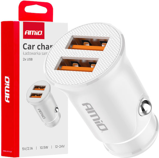 AMiO Φορτιστής Αυτοκινήτου 10.5W με Θύρες: 2xUSB μαζί με Καλώδιο Ενσωματωμένο Λευκός