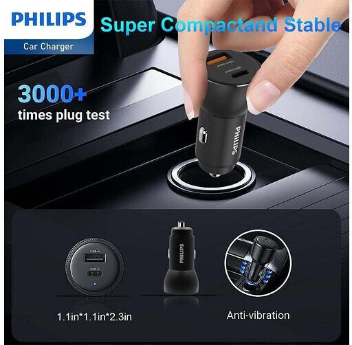 Philips Încărcător Auto Cu Mufă De Brichetă 36W 3A Cu Porturi 1xUSB-A 1xType-C Împreună Cu Cablu Type-C Culoare Neagră