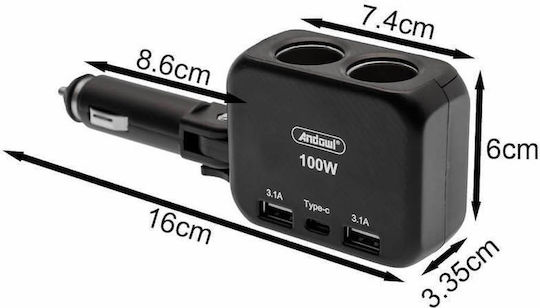 Andowl Qca50 Φορτιστής Αυτοκινήτου 100W 3.1A με Θύρες: 2xUSB Μαύρο Χρώμα
