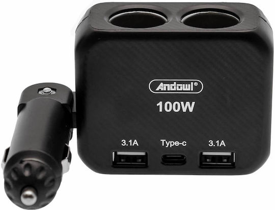 Andowl Qca50 Φορτιστής Αυτοκινήτου 100W 3.1A με Θύρες: 2xUSB Μαύρο Χρώμα