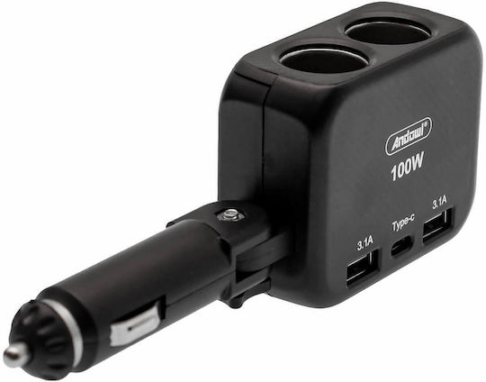 Andowl Qca50 Φορτιστής Αυτοκινήτου 100W 3.1A με Θύρες: 2xUSB Μαύρο Χρώμα