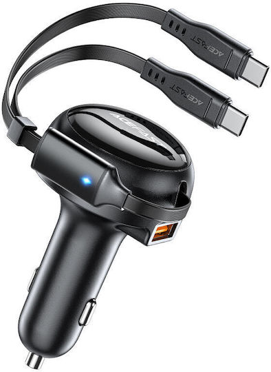 Acefast Автомобилен Заряден Устройство 53W 3A с Портове 1xUSB-A 2xType-C с Type-C Кабел Черен Цвят