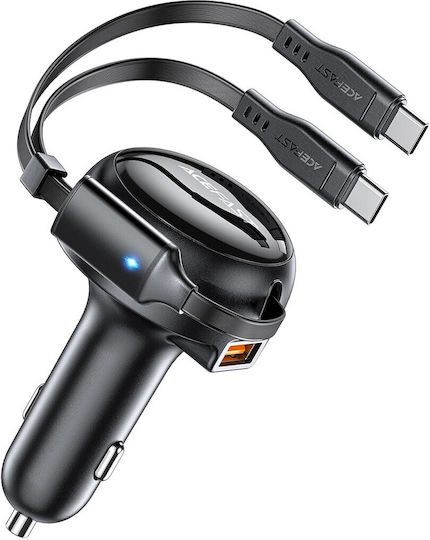 Acefast Автомобилен Заряден Устройство 53W 3A с Портове 1xUSB-A 2xType-C с Type-C Кабел Черен Цвят