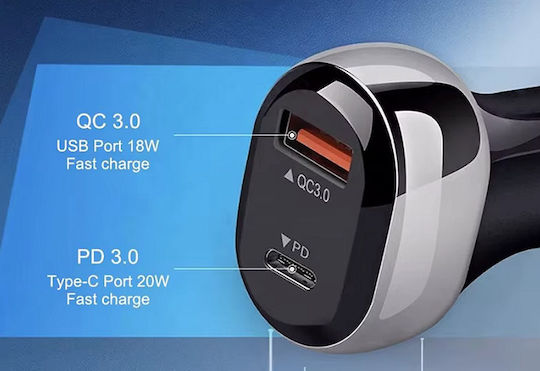 Car Charger 18W With Ports 1xUSB 1xType-C Black Colour